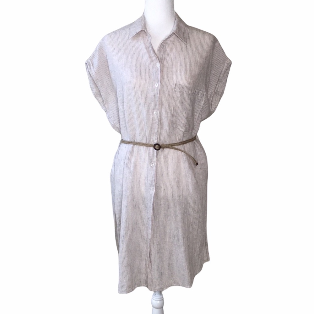 ZARA Stripe Linen Belted Button Front Dress Sz M